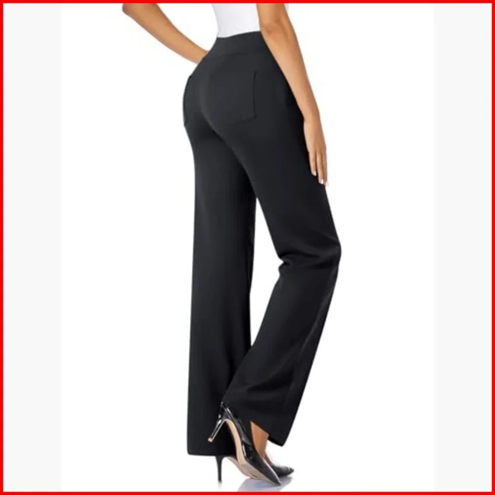 Stretchy Wide Leg Dress Pants Pull On Office Slacks with 4 Pockets - Picture 2 of 7